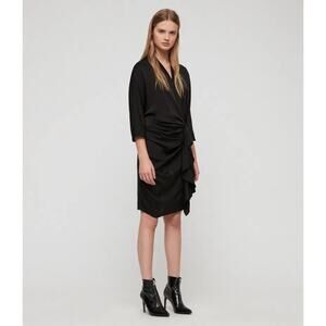 AllSaints Issey Dress Black Satin Faux Wrap V-Neck Ruched Ruffle Knee Size 4